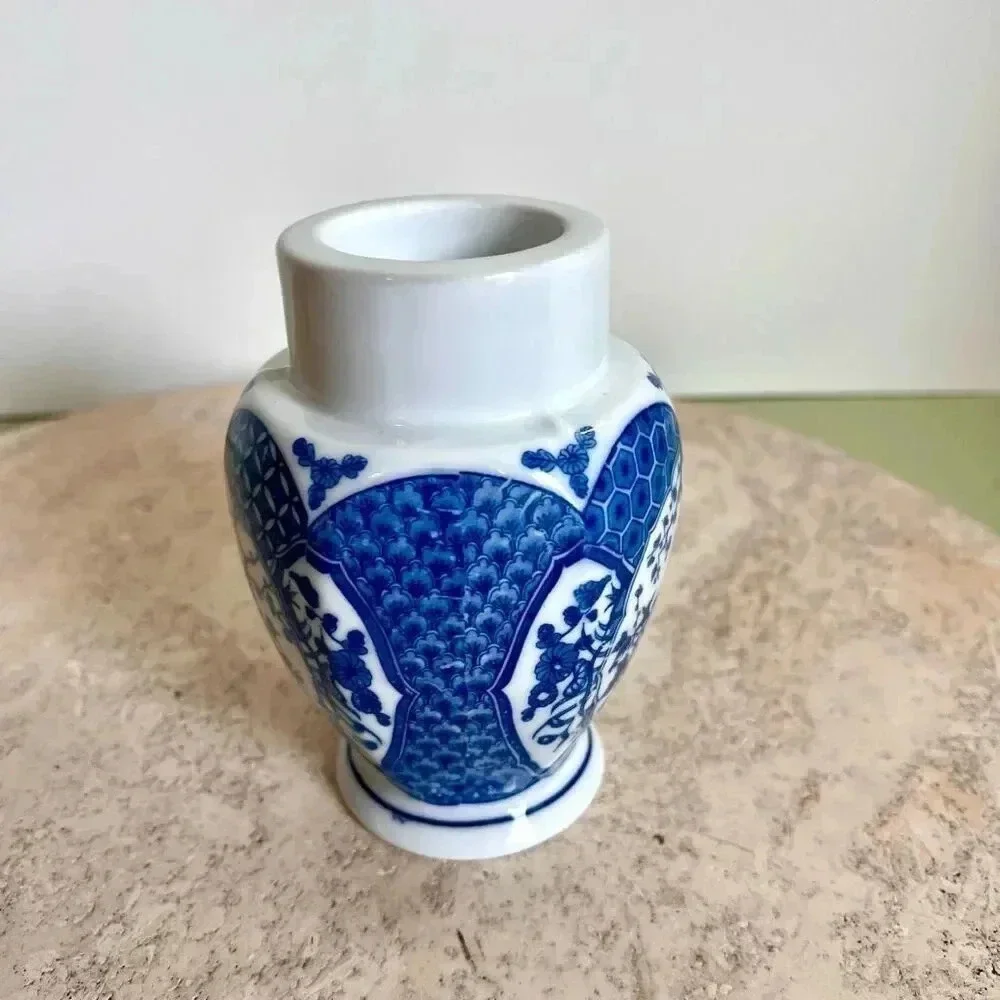 Vintage Japanese‎ Candle Stick Holder White Blue Peacock Pattern Home Decor